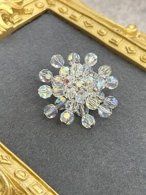 Vintage Crystal Aurora Borealis Flower Brooch - Sparkling Clear Rhinestone Pin
